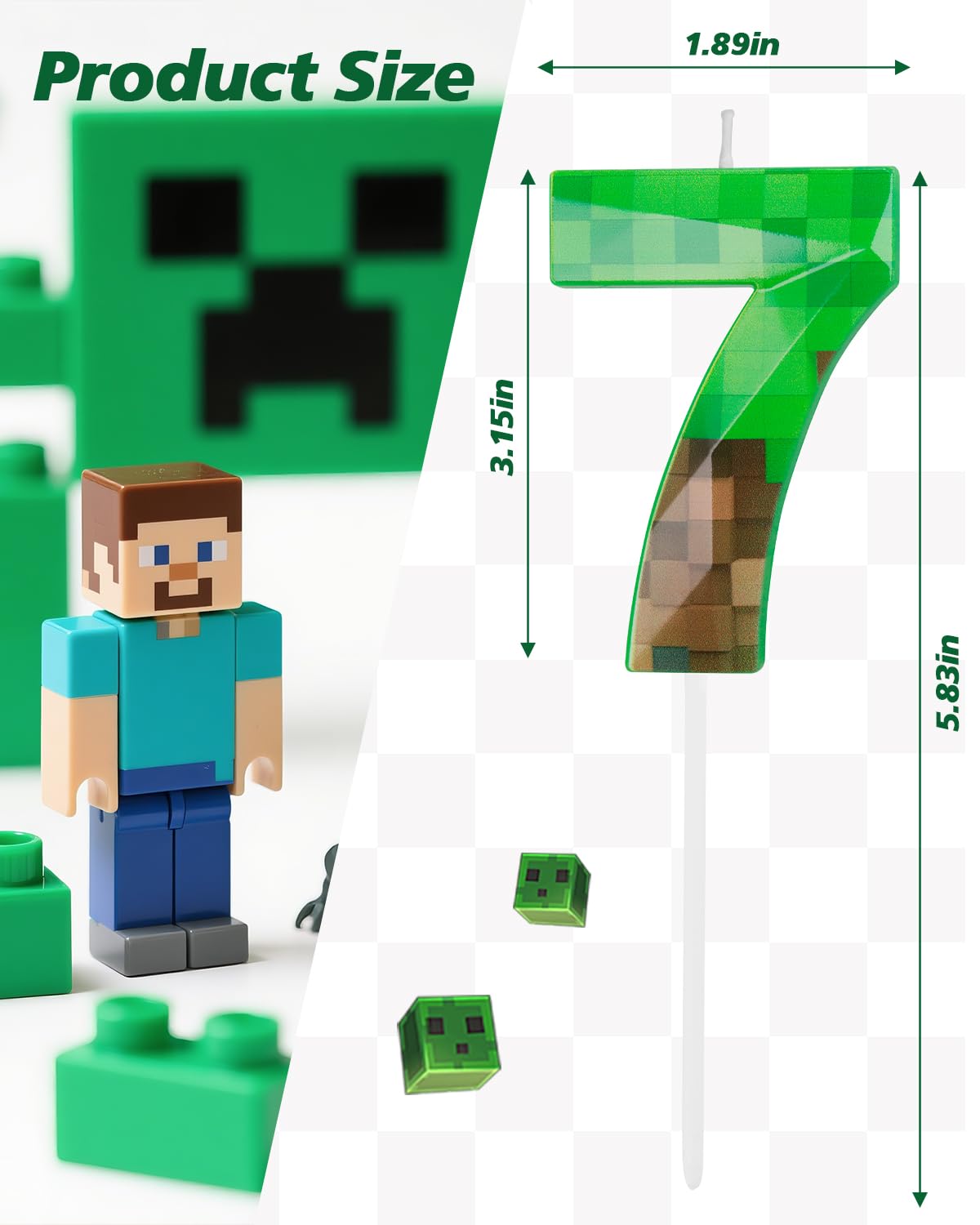 Bougie d'anniversaire en forme de pixel vert en forme de chiffre 7 - 6,8 cm - Bougie sur le thème du jeu - Décoration d'anniversaire sur le thème des pixels, fête de jeu vidéo dynamite