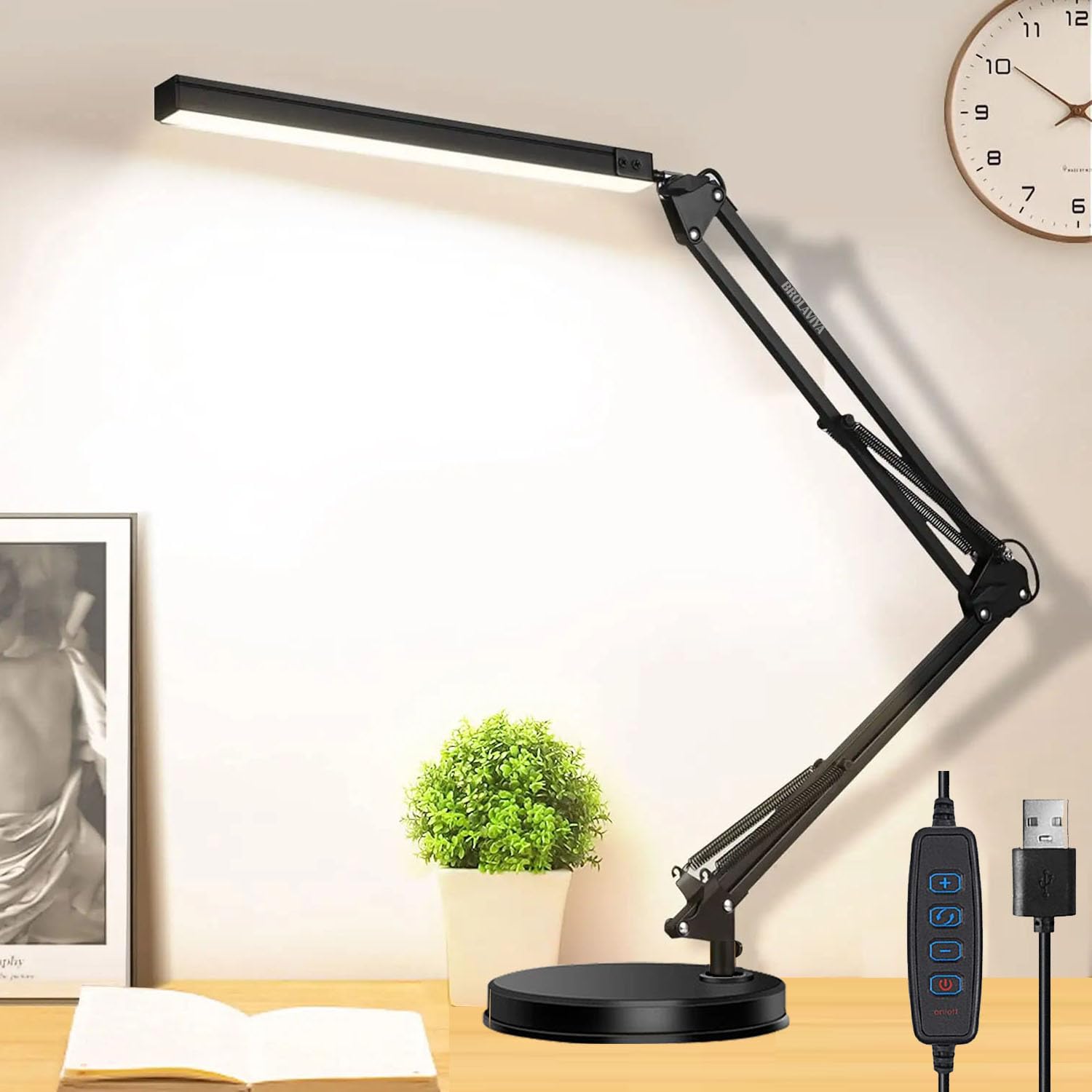 BROLAVIYA Heavy Base LED Desk Lamp Light with Metal arm Table Lamp Stand, 3 Lighting Modes, 360 Degree Spin for Home Office, Desktop, Bedroom, Reading, Study lamp etc