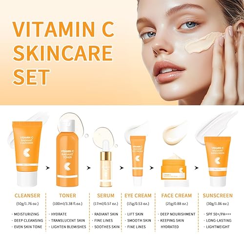 Miniatura 2 de Juego de 6 piezas de cuidado de la piel hidratante con vitamina C, kit de cuidado facial que incluye suero, crema facial, crema para ojos, tónico,