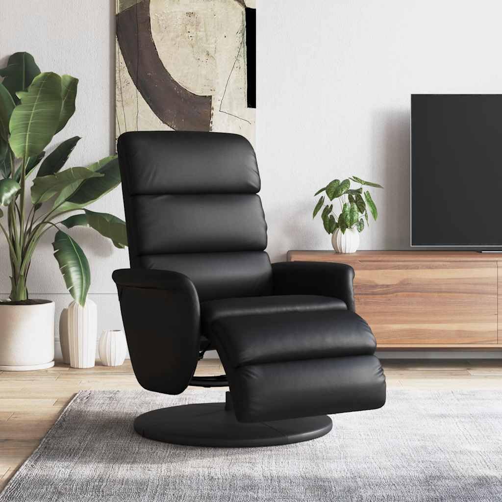 Fotel relaksacyjny z podnóżkiem, wykonany z czarnej sztucznej skóry, regulowany, ergonomiczny, z tapicerką, do salonu, sypialni, biura, do relaksu podczas czytania i oglądania telewizji