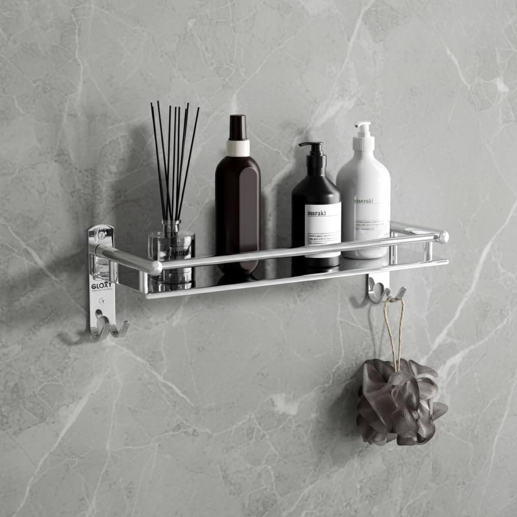GLOXY Single Tier Stainless Steel Bathroom Shelf with Multipurpose Hooks - Rust Resistant Toiletries Organiser Stand with Napkin Holder Hooks-image-46