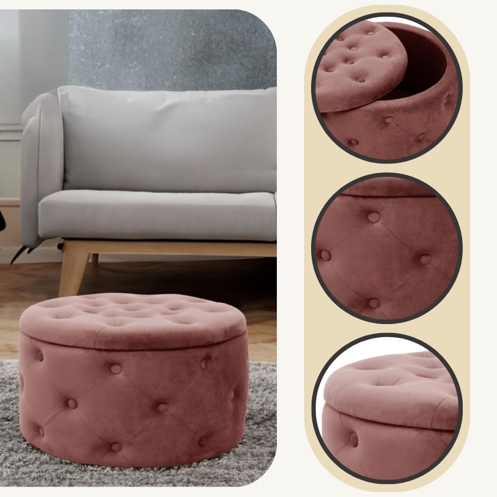 AKORD Pouf Alia gesteppter Velours mit Ablage 55 cm | Pouffe | Fußhocker | Ablage für kleine Gegenstände | Velours Gepolstert | Gesteppter Pouf | B55 x H30 x T55 cm