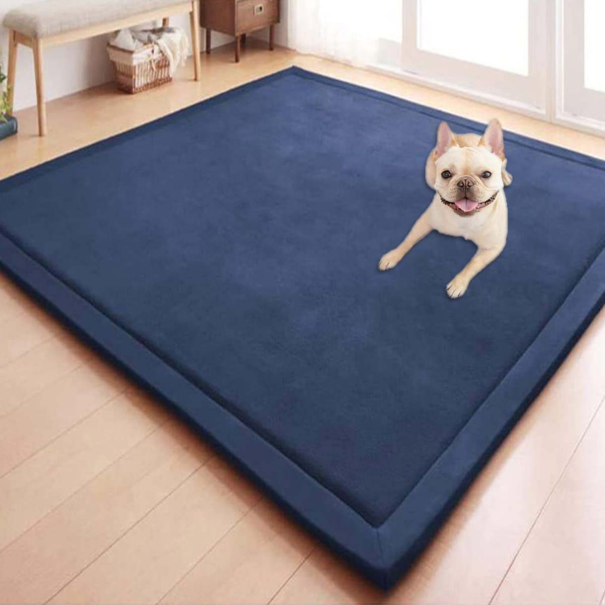 Ggoty Navy Blue Coral Velvet Area Rugs,Baby Play Mat For Floor Non-Slip Carpet Crawling Mat Large Rug For Nursery Baby Pet Bedroom Living Room (120X120cm,)
