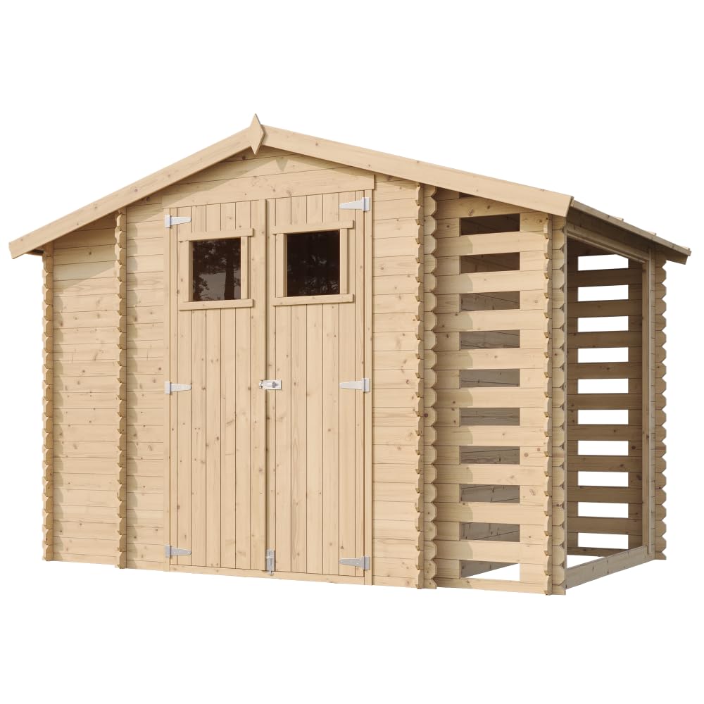 Holzhaus Gartenhaus mit Brennholzschuppen TIMBELA M389 - Gartenschuppen Holz B328xL206xH218 cm/ 3,53 + 0,97 + 0,97 m2 Lagerschuppen für Garten - Fahrrad Schuppen - Wasserfestes Dach