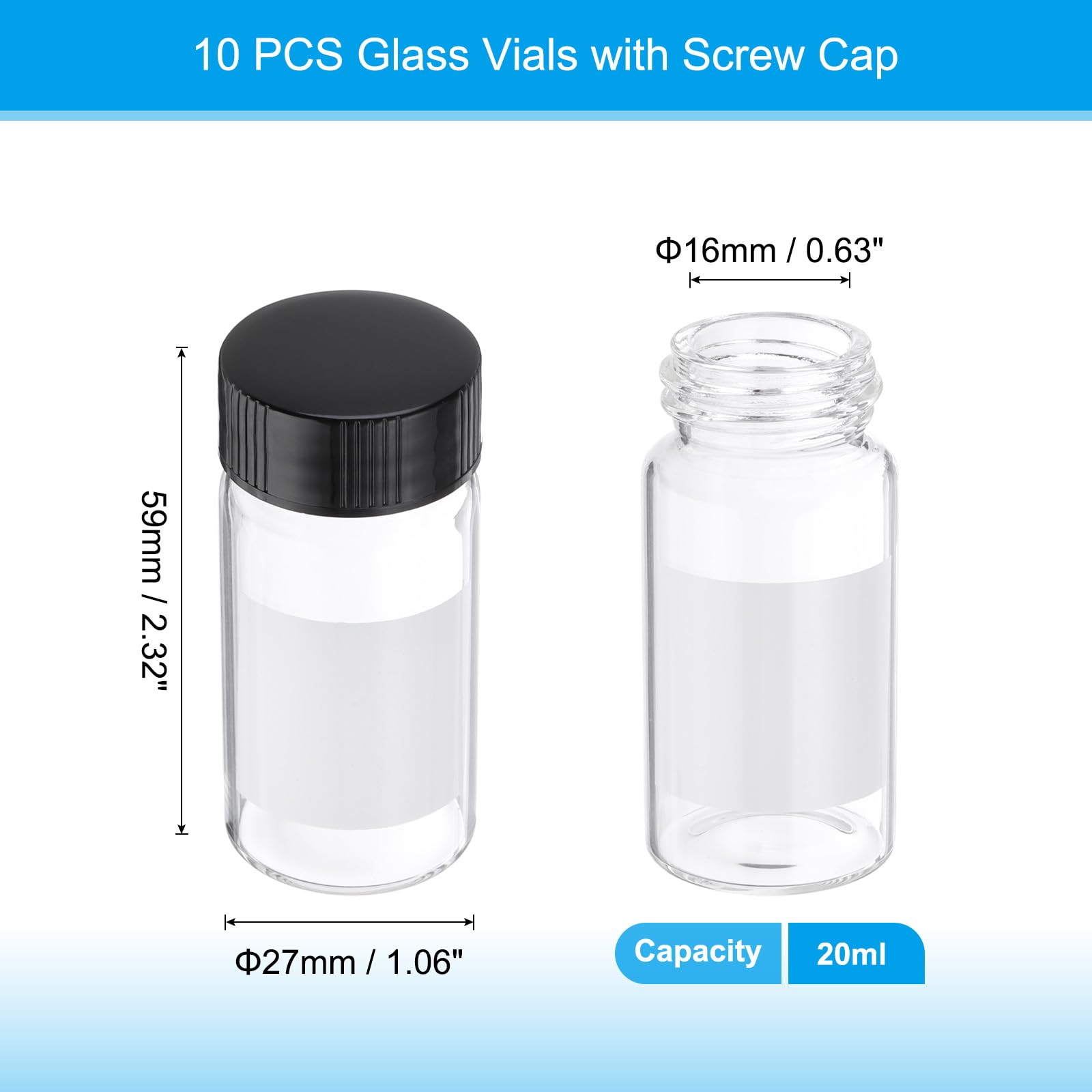 PATIKIL 10pcs 20ml Small Clear Glass Vials with Black Screw Cap, Borosilicate Glass Sample Bottles with Writing Label for Solid Liquid Powder Storage