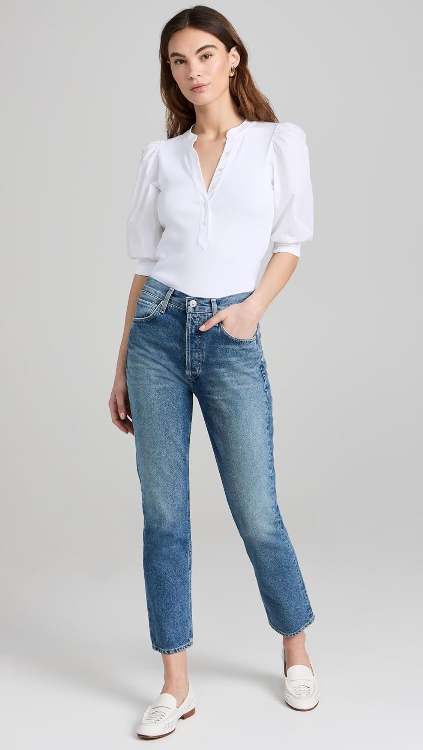 Veronica Beard Women's White Coralee Puff-Sleeve Top Ribbed Knit Short Sleeve T-Shirt - Image 5