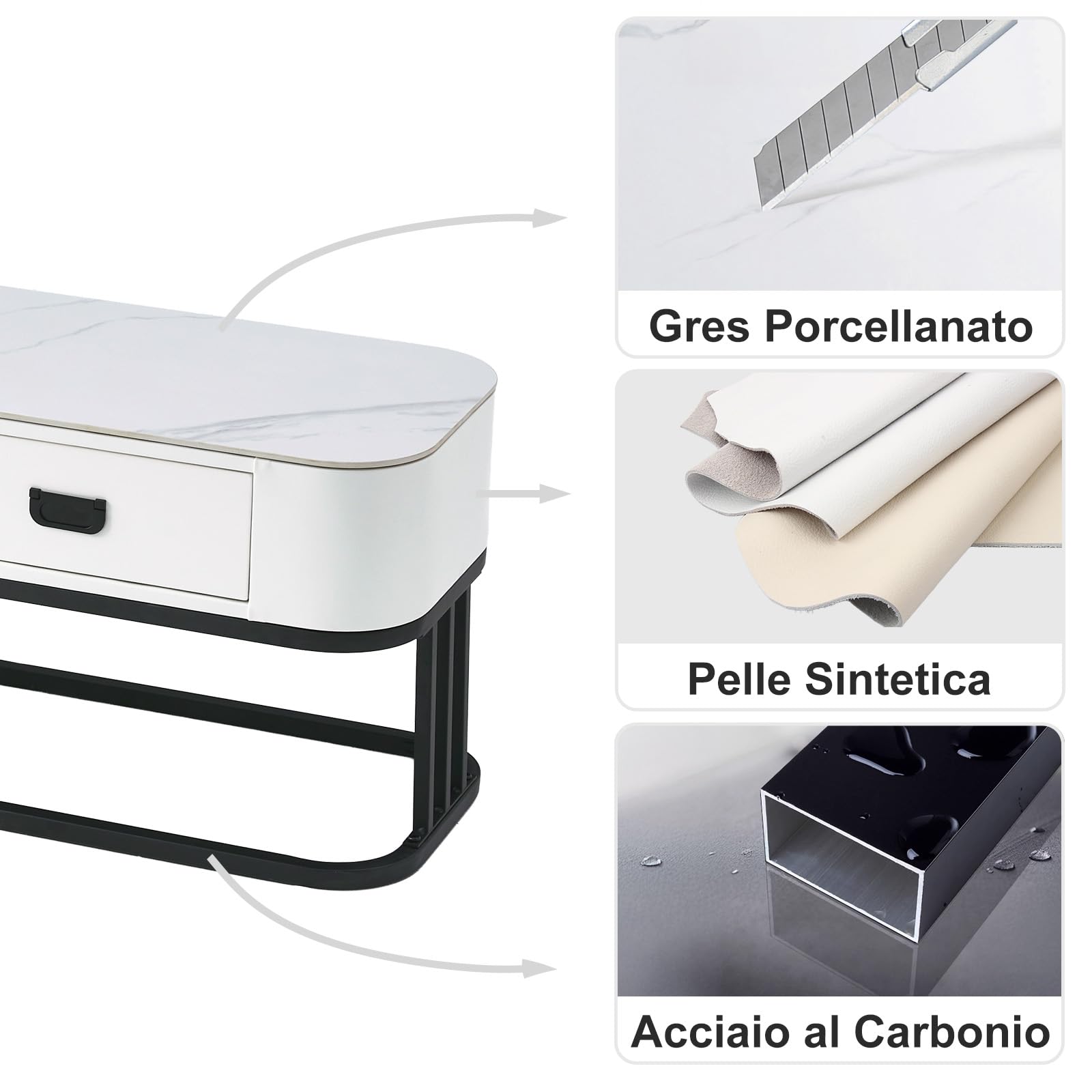 SHARPDO Mobile TV Basso e Lungo 180/140 cm, Design Moderno con Contenitore, Acciaio Nero e Pietra Sinterizzata Effetto Marmo, Stile Minimal per Soggiorno, Bianco