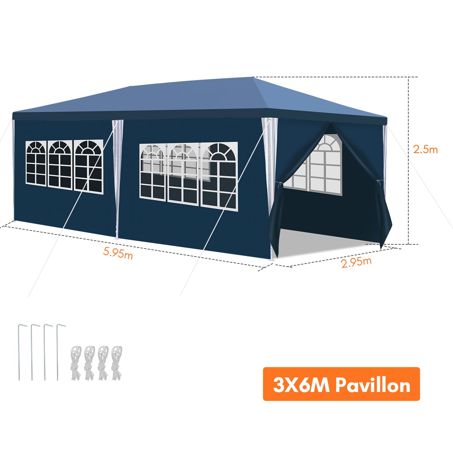Pawilony, namiot imprezowy 3 x 6 m, wodoszczelny, stabilny, ochrona przed promieniowaniem UV, pawilon ogrodowy, 3 x 6 m z 6 częściami bocznymi, ochrona przed słońcem, namiot biesiadny, na