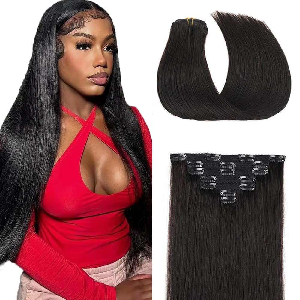 Photo 1 of #1B Natural Black Clip in Extensions Human Hair 26 Inch Natural Color Straight Clip in Seamless Extensions Human Hair Skin Weft Seamless Invisible Unprocessed Brazilian Virgin Remy Hair 120g