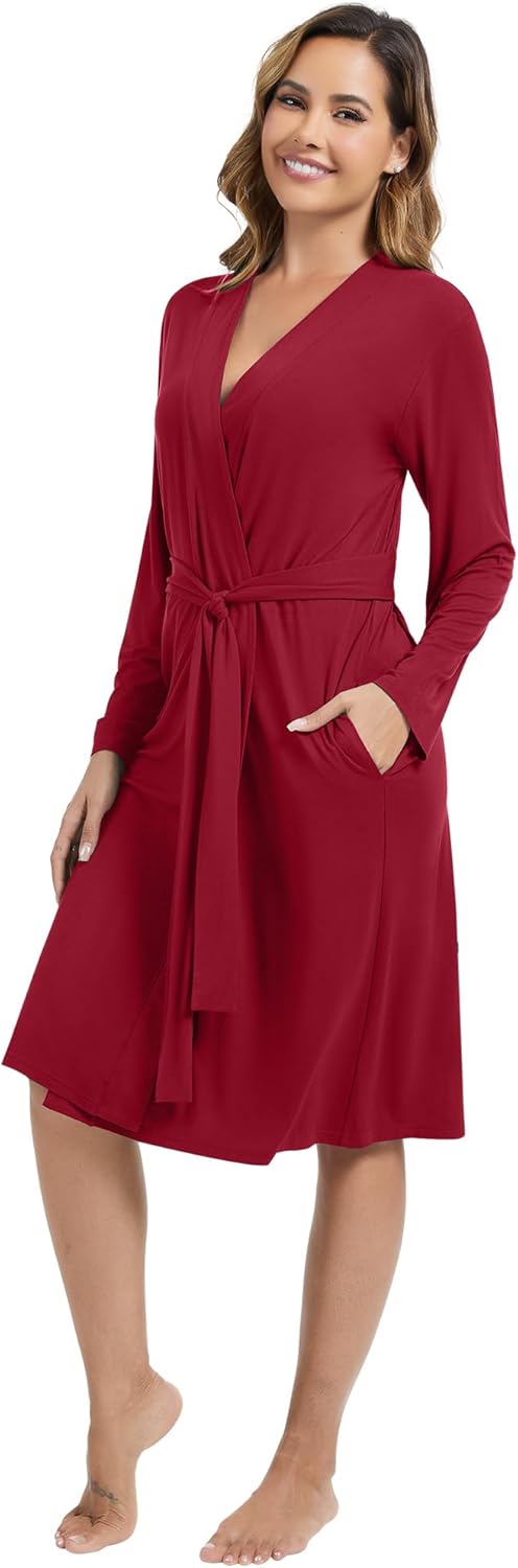 WiWi Women's Robe Long Sleeve Bathrobe with Pockets Soft Kimono Spa Lightweight Robes Bamboo Viscose Loungewear S-XXL - Image 4