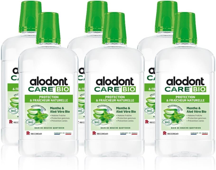 ALODONT CARE ORGANIC | Collutorio Naturale | Protegge le Gengive | Rinfresca l'Alito | Menta Piperita e Aloe Vera Biologica | Dai 6 anni in su | Confezione da 6 x 500 ml