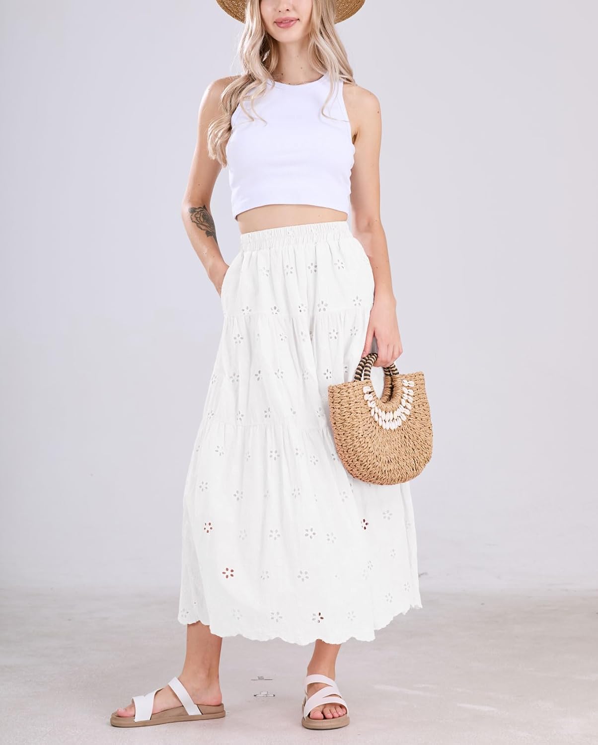 chouyatou Women's Lace Embroidery Eyelet Boho Skirt High Elastic Waisted Flowy Swing Midi Long Skirt - Image 5