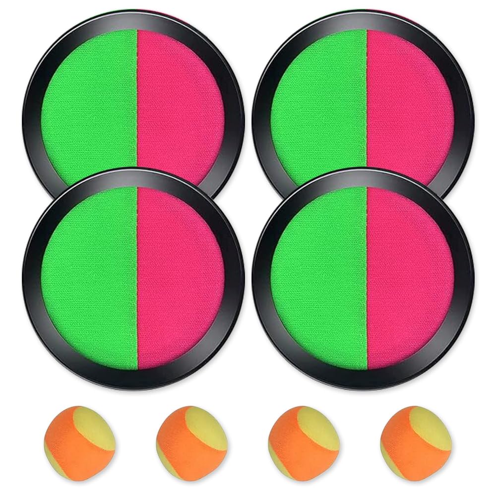 Jeu De Balles Collantes Outdoor - 4 Raquettes + 4 Balles Velcro - Enfants 3-10 Ans - Motricité, Jardin, Plage Cible Enfant