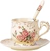 YOLIFE Tea Cup and Saucer Set, 200 ml Teacup Set, Ceramic Tea Cup with Suacer Spoon, Porcelain Ivory Vintage Rose Floral with Gold Leaves Trim, Gifts for Women