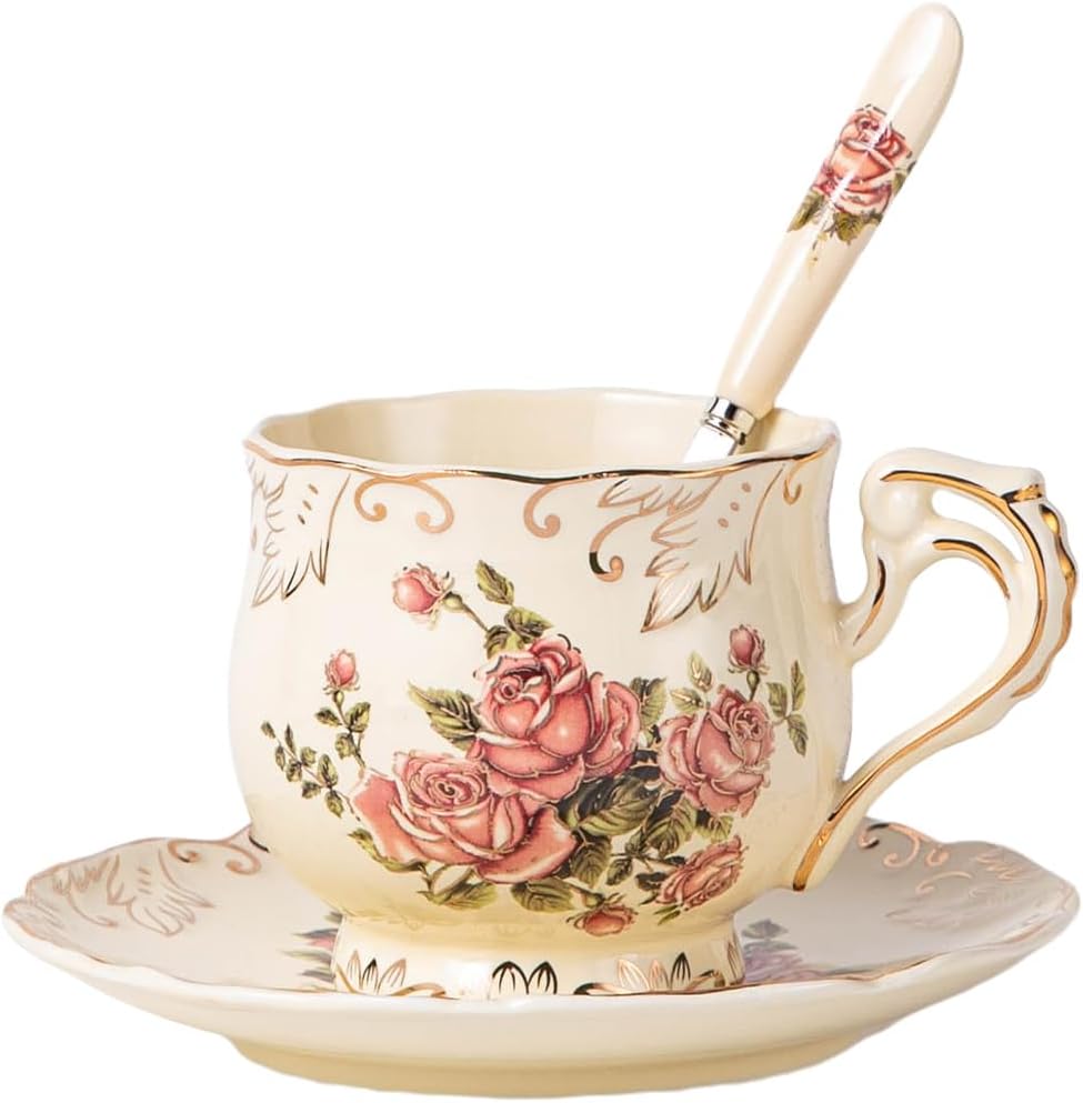 YOLIFE Tea Cup and Saucer Set, 8 oz Tea Cup Set, Teacup, Ceramic Tea Cup with Suacer Spoon, Ivory Vintage Rose Floral with Gold Leaves Trim, Gifts for Women