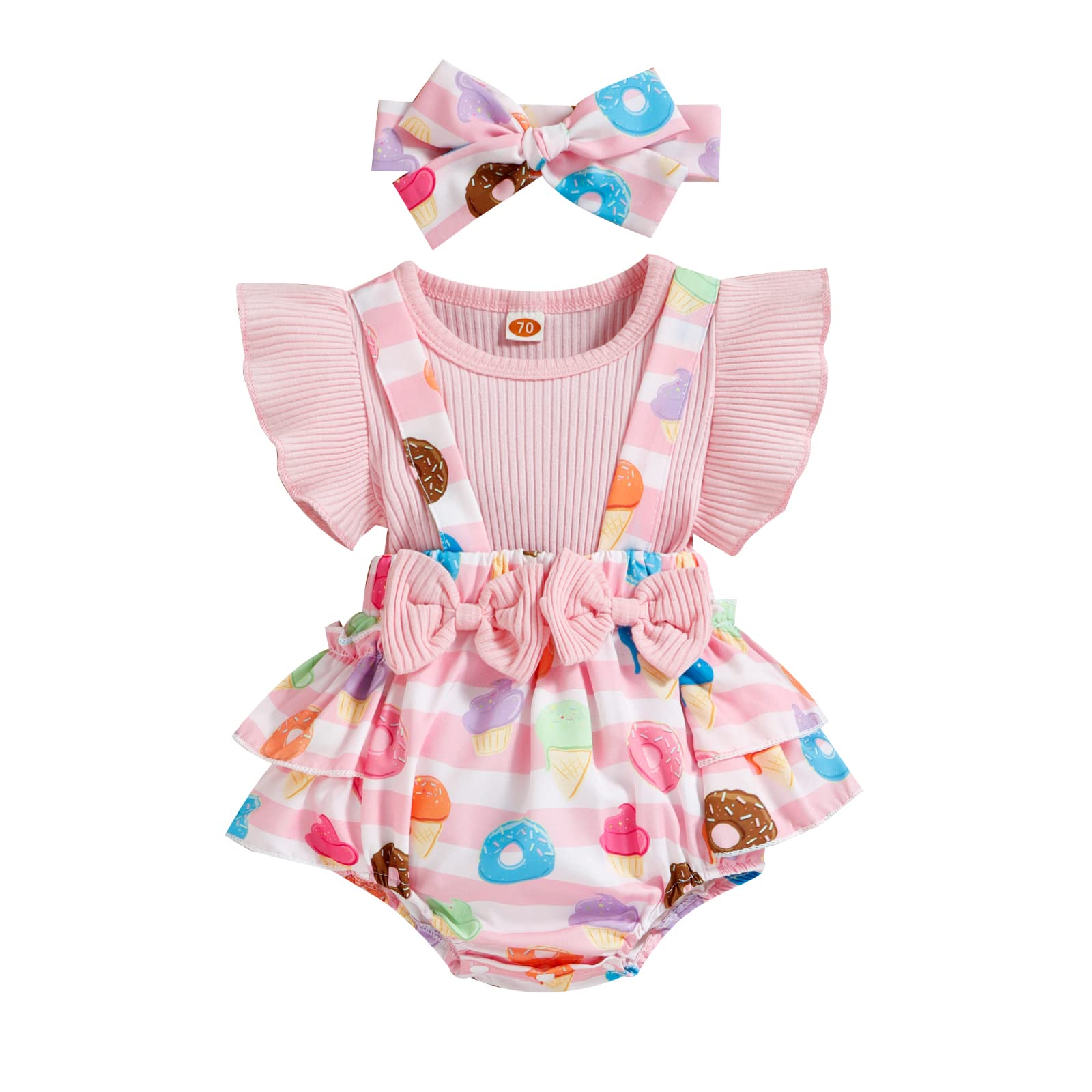 Xiaodriceee Newborn Baby Girl Summer Clothes Ruffle Sleeve Doughnut Floral Print Ribbed Suspender Romper Headband 2Pcs Set (3-6 Months,Pink Doughnut)