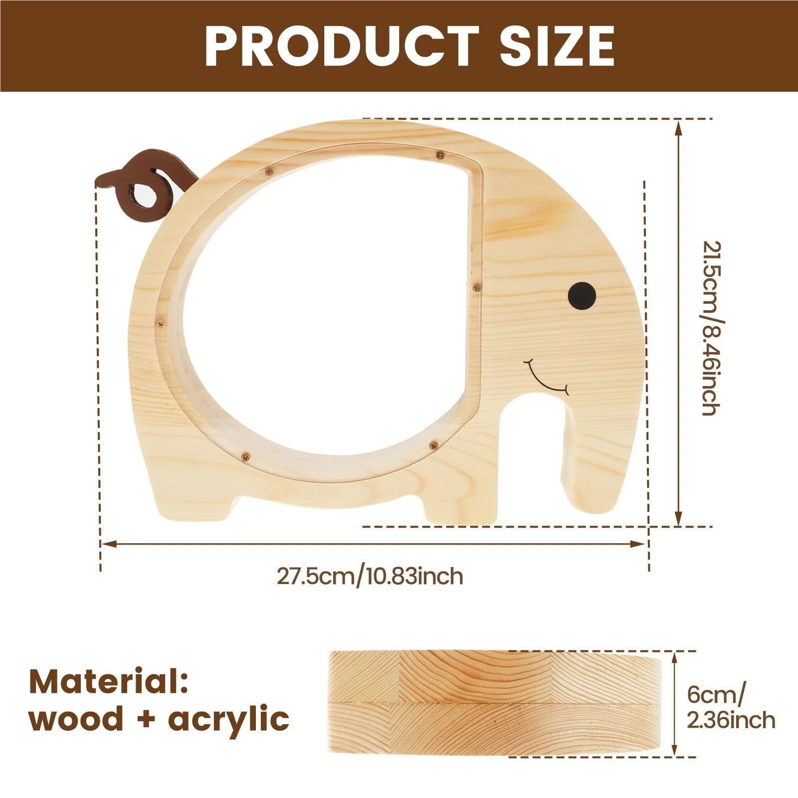 Tirelire en Bois en Forme d'éléphant avec Panneau Transparent, Tirelire réutilisable, Tirelire décorative, Jolie boîte d'épargne personnalisée
