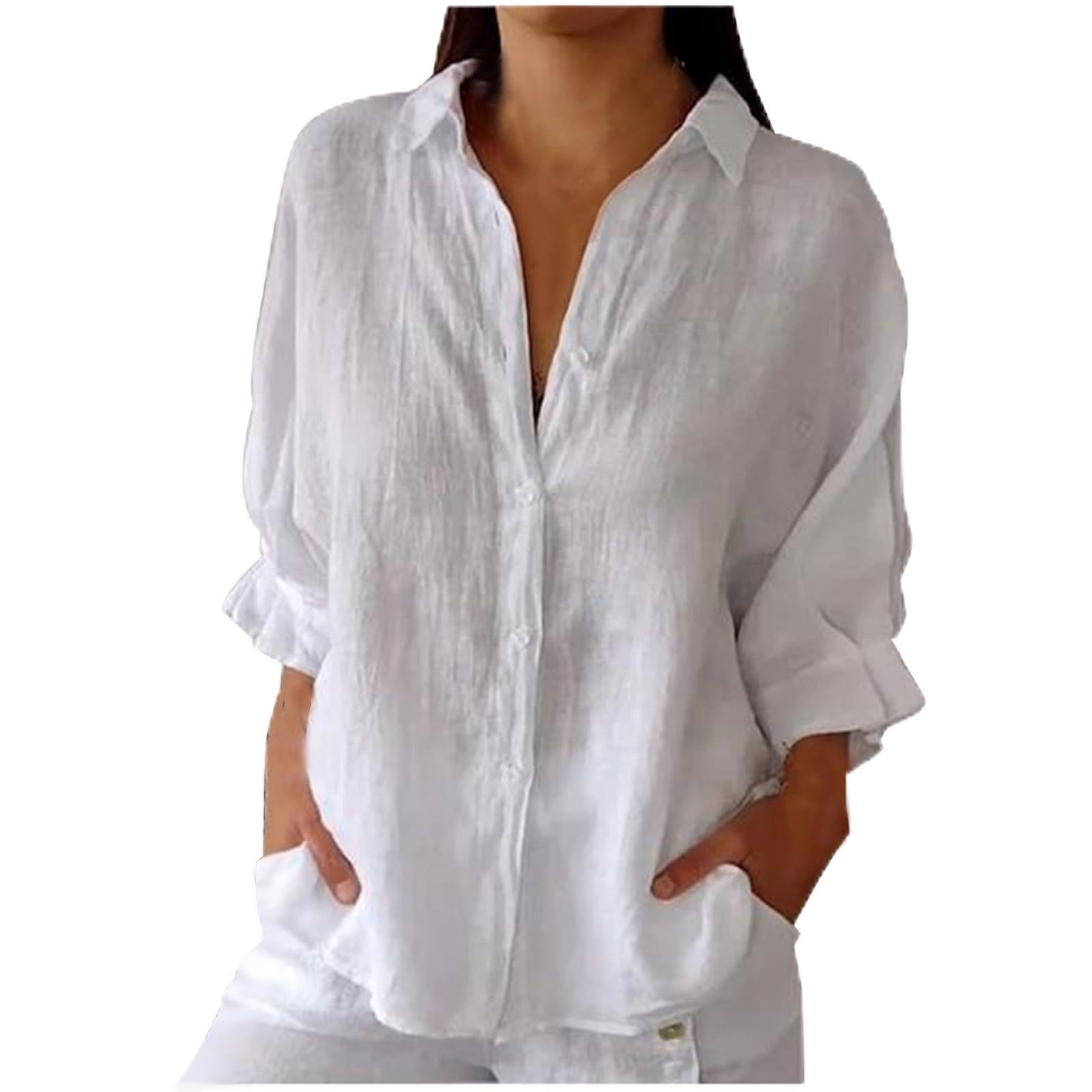 HAOLEI Moda Color Solido Camisa Lino Mujer,Casual Algodón y Lino Camiseta Mujer de Manga Larga de Cuello Solapa con Botones Multicolor Suelta Blusas Lino Mujer Verano Camisa Blanca Mujer