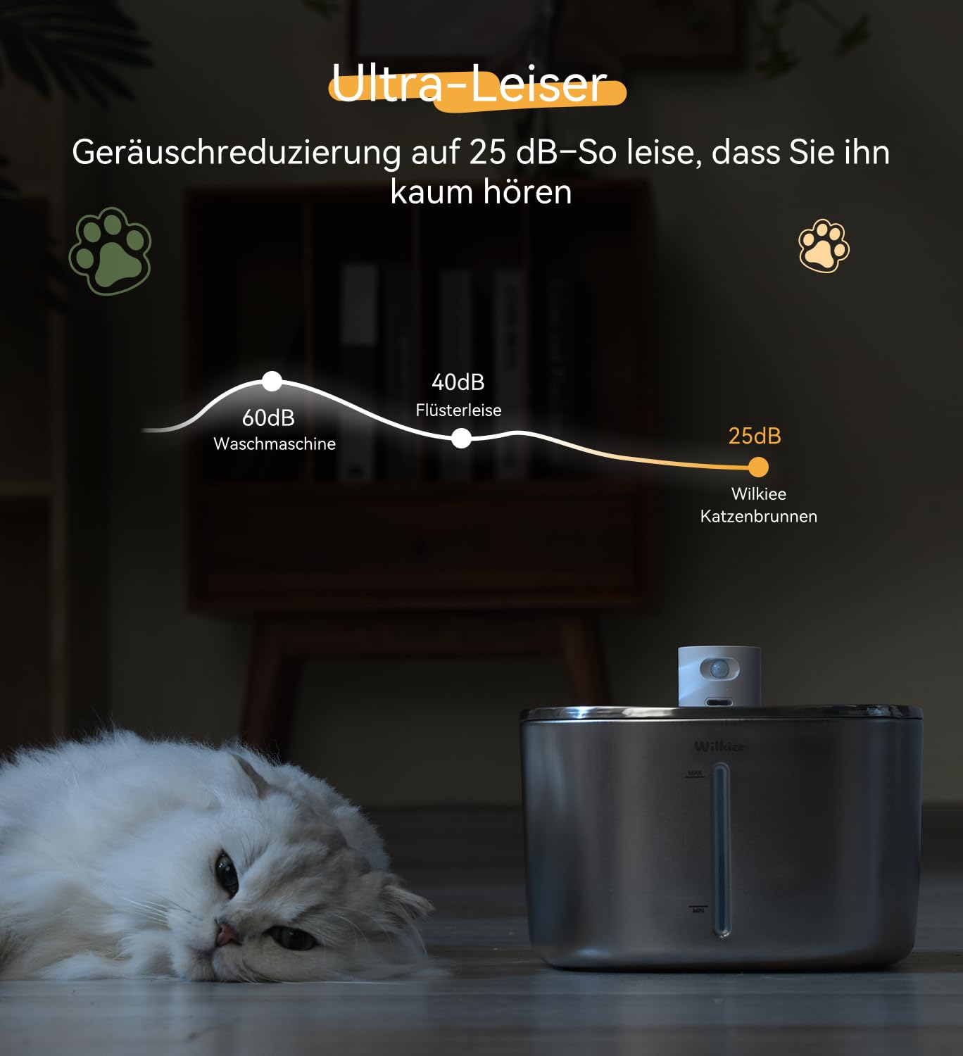 Katzenbrunnen Edelstahl Kabellos 4.1L mit Sensor 3 Modi & 4000mAh | 3 Modi (Sensor/Zeit/Dauer), leise, Filter, für Katzen & kleine Hunde mit 1 Ersatzfilte
