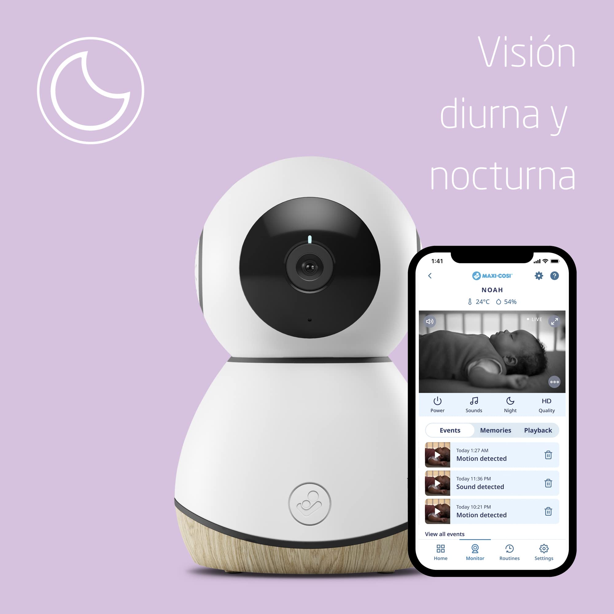 Maxi-Cosi See Cámara Vigilancia bebes wifi interior, Vigilabebes con cámara vision nocturna HD, vídeo y audio, sensor de movimiento y sonidos relajantes, detecta temperatura y humedad de la habitación