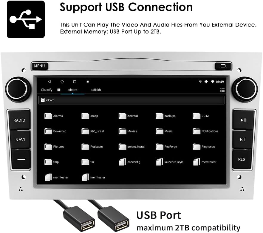Image showing the car stereo screen displaying a file directory from a USB device, with two USB cables and a 'USB Port maximum 2TB compatibility' label at the bottom.
