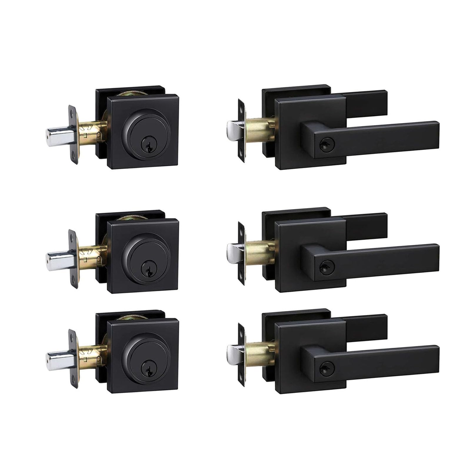 exterior door lock set with deadbolt, front door handle set with deadbolt, door levers single cylinder deadbolt set, keyed alike heavy duty keyed entry handles locksets,(matte black,3pack)