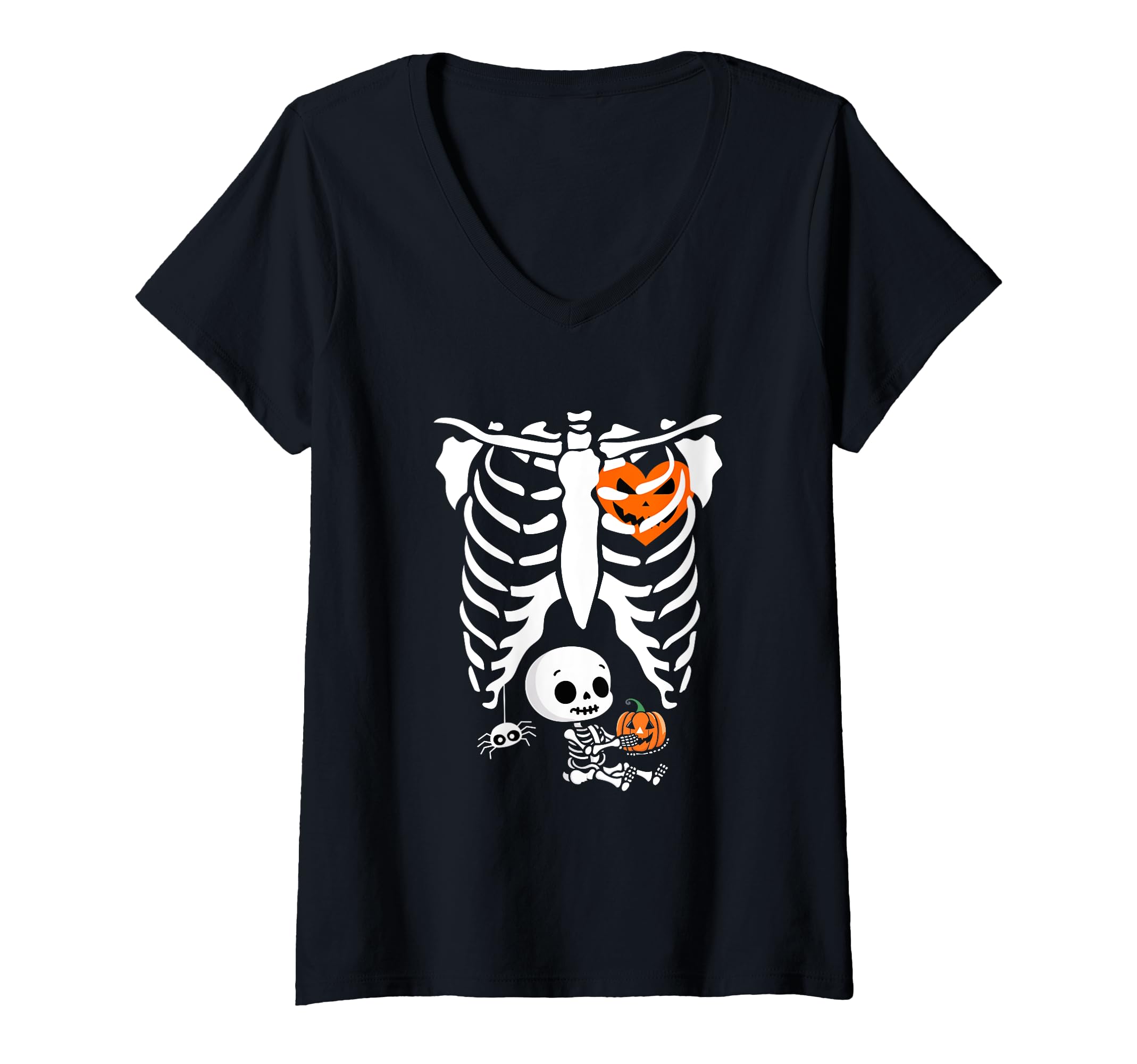 Halloween Funny Costume Pregnant Woman Pumpkin Mujer Disfraz divertido de Halloween para mujer embarazada, jaula de costilla de calabaza Camiseta Cuello V