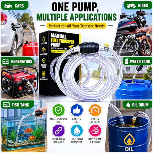 Image of Fuel Transfer Pump Kit - High Flow Manual Siphon Oil Remover Pump with 2 Meter Pipe for Petrol, Diesel, Water & Oil, Portable Liquid Transfer Pump for Car, Bike & Fish Tank (MTR 2)