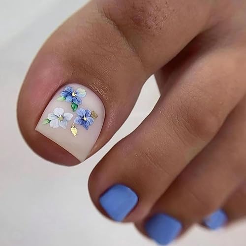 Vezocim Uñas postizas a presión con diseños de flores de orquídea, 24 uñas postizas cortas artificiales azules, uñas postizas acrílicas de cobertura