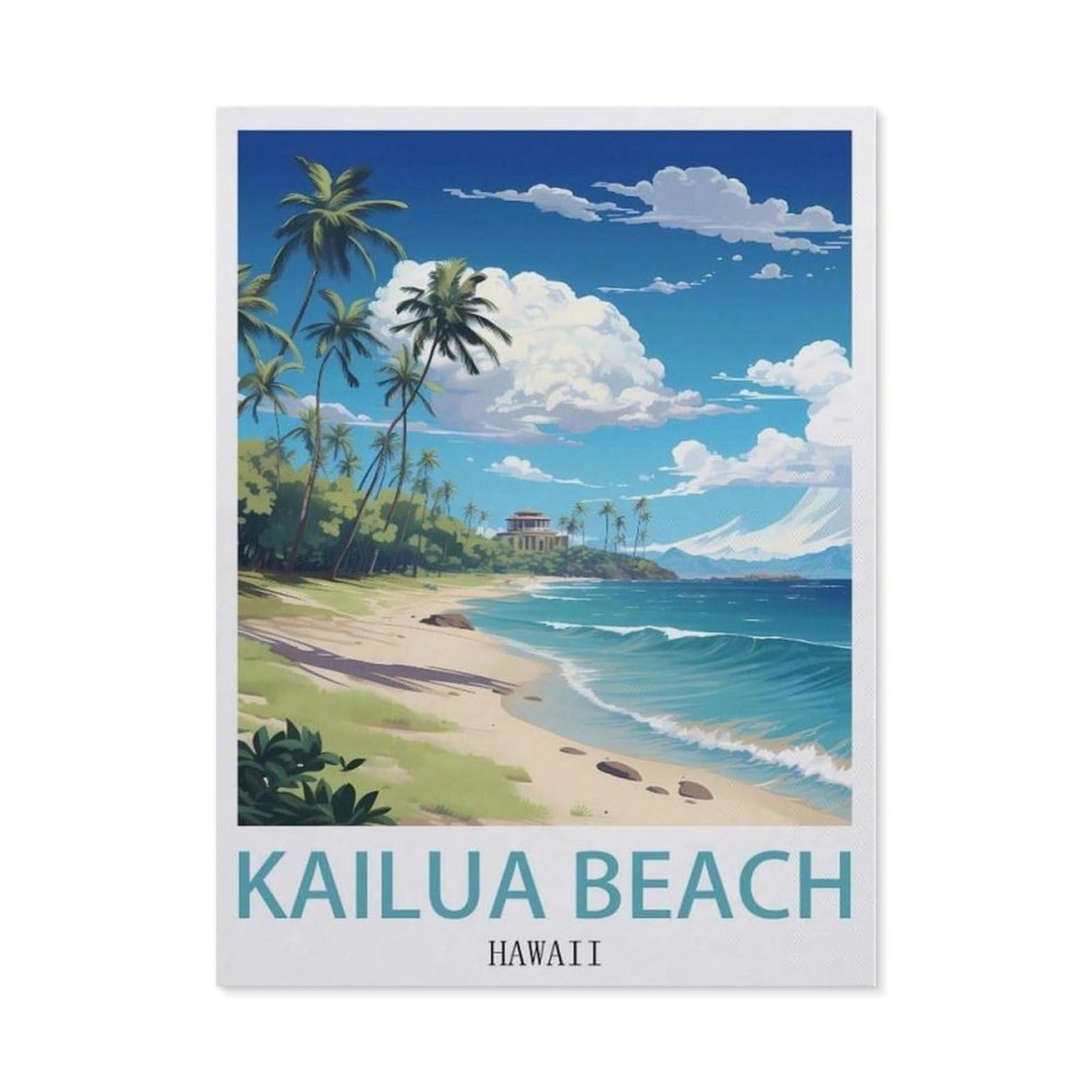 Beayodkp （30 X 40 Cm/11.81 X 15.74 Inches） 5D Diy Diamond Painting Kit，Kailua Beach Hawaii Vintage Travel Poster，Round Resin Diamond Cross Stitch, Home Decoration Gift-Cd93
