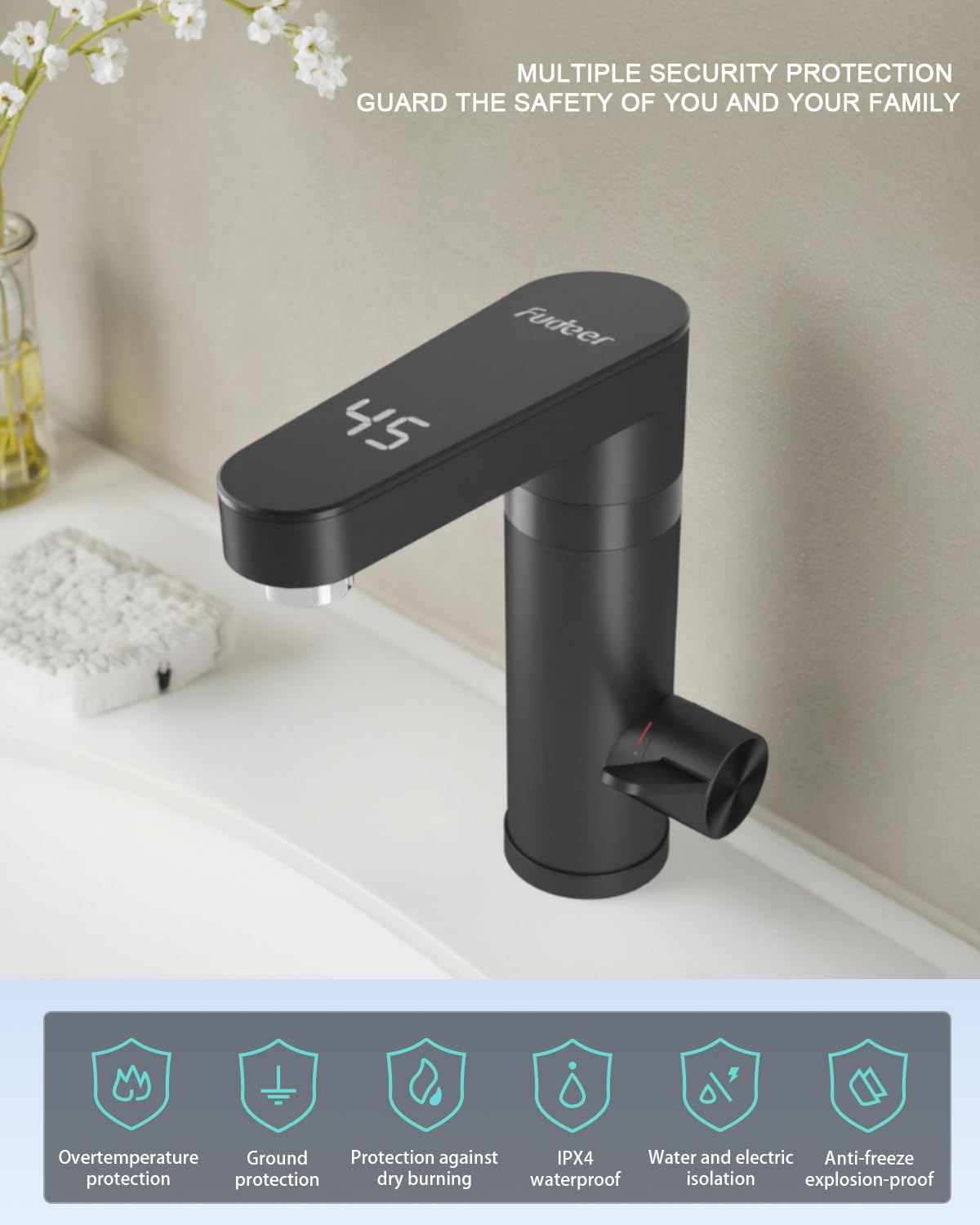 Rubinetto dlettrico, miscelatore elettrico caldo e freddo con display digitale, rubinetto da 3300 W con scaldabagno istantaneo Rubinetto elettrico per lavandino (nero)