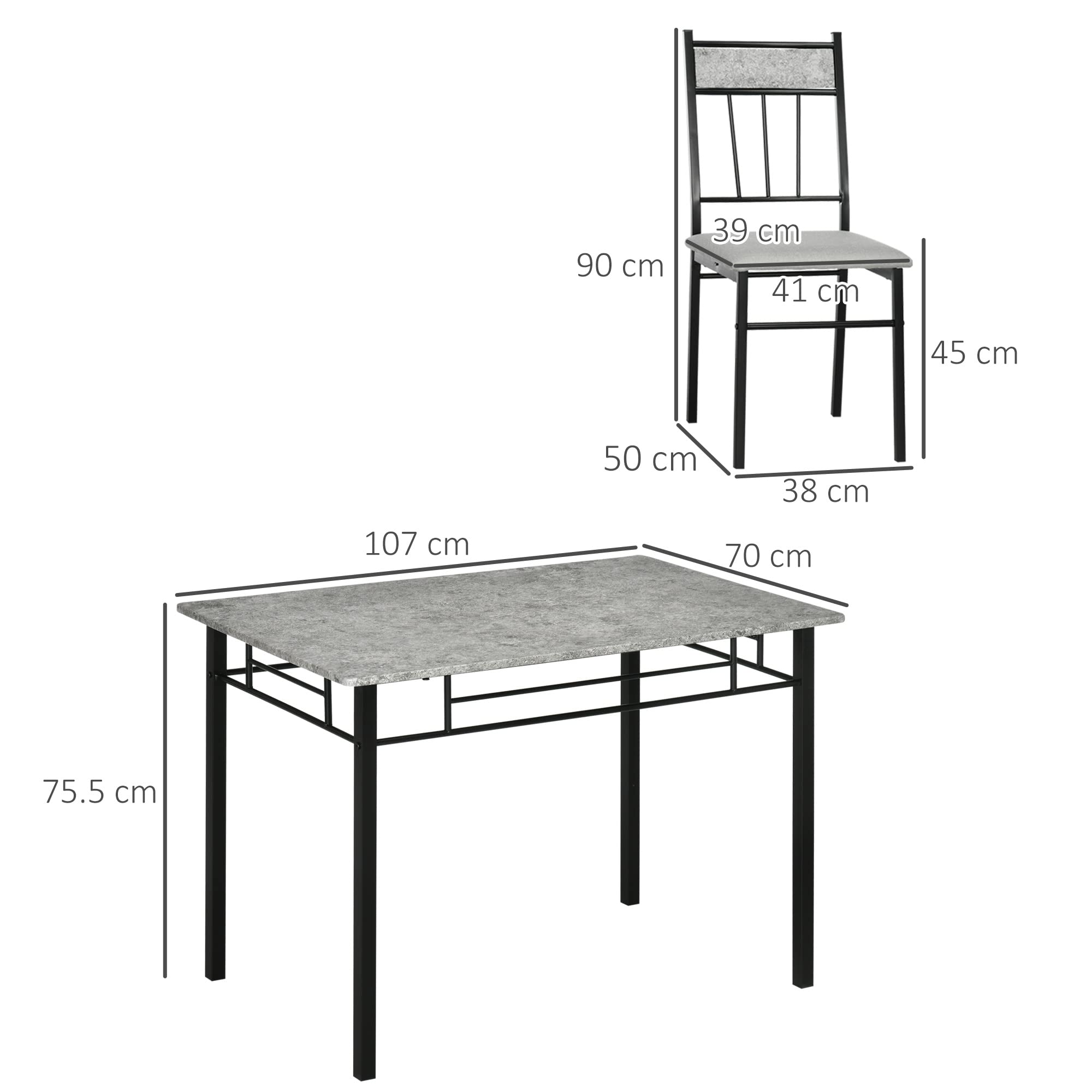 HOMCOM Set Tavolo e Sedie 5pz, Tavolo da Pranzo Rettangolare in Metallo e MDF e 4 Sedie da Pranzo con Seduta Imbottita in Gommapiuma e Poliestere