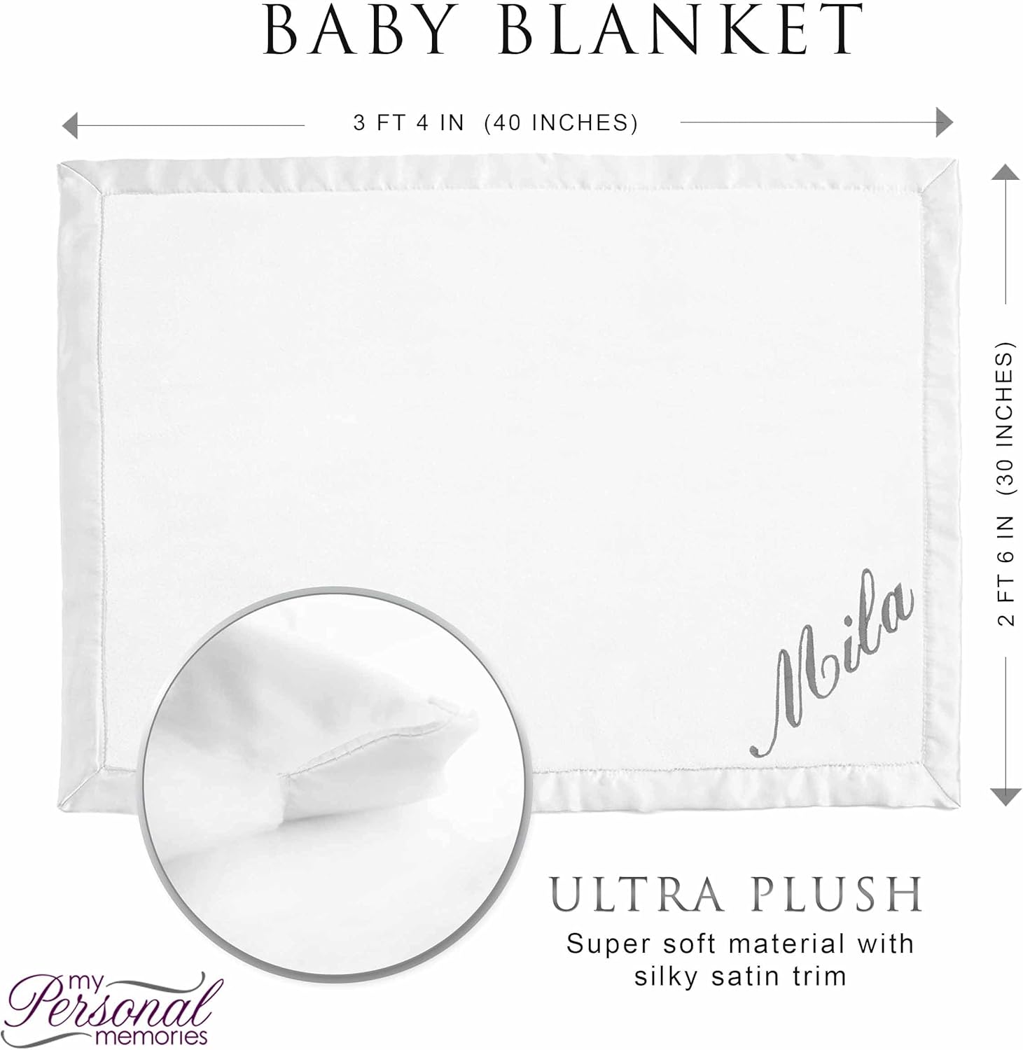 The Wedding Party Store Monogrammed Super Soft and Plush Baby Blanket - Custom Personalized New Mom Gift with Satin Trim (White)