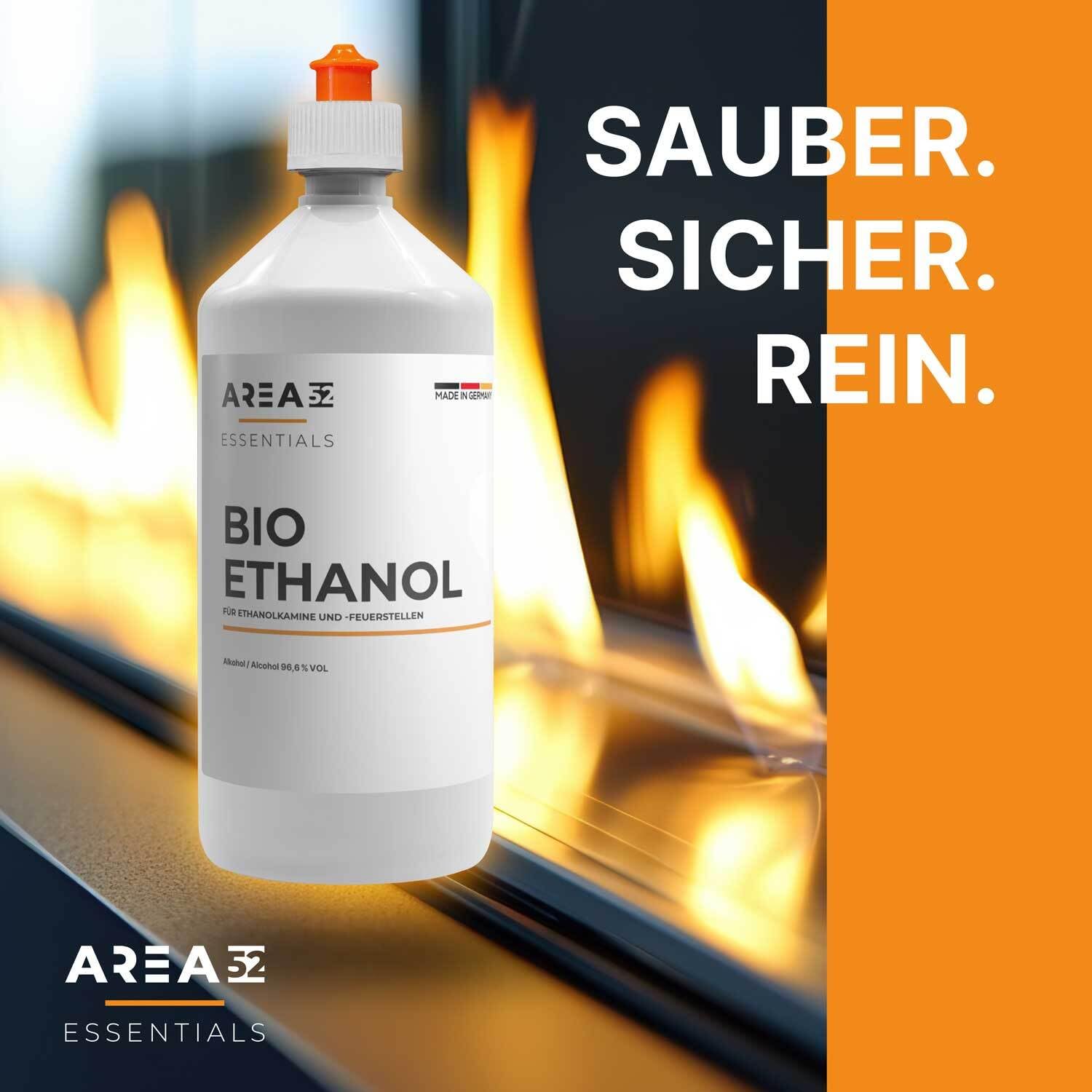 Area52 – Bioethanol 3x1L Set Ethanol – Reiner Ethylalkohol mit 96,6% Reinheitsgrad – Für Ethanolkamine, Tischkamine & Bioethanol-Feuerstellen – Geruchslos & rußfrei – Für Indoor & Outdoor (3 x 1L)