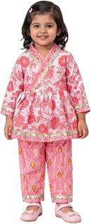 Girls Pink Floral Angrakha Style Kurta Pajama Set with Gold Trim, Traditional Ethnic Wear Price In India