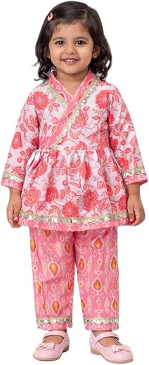 Girls Pink Floral Angrakha Style Kurta Pajama Set with Gold Trim, Traditional Ethnic Wear