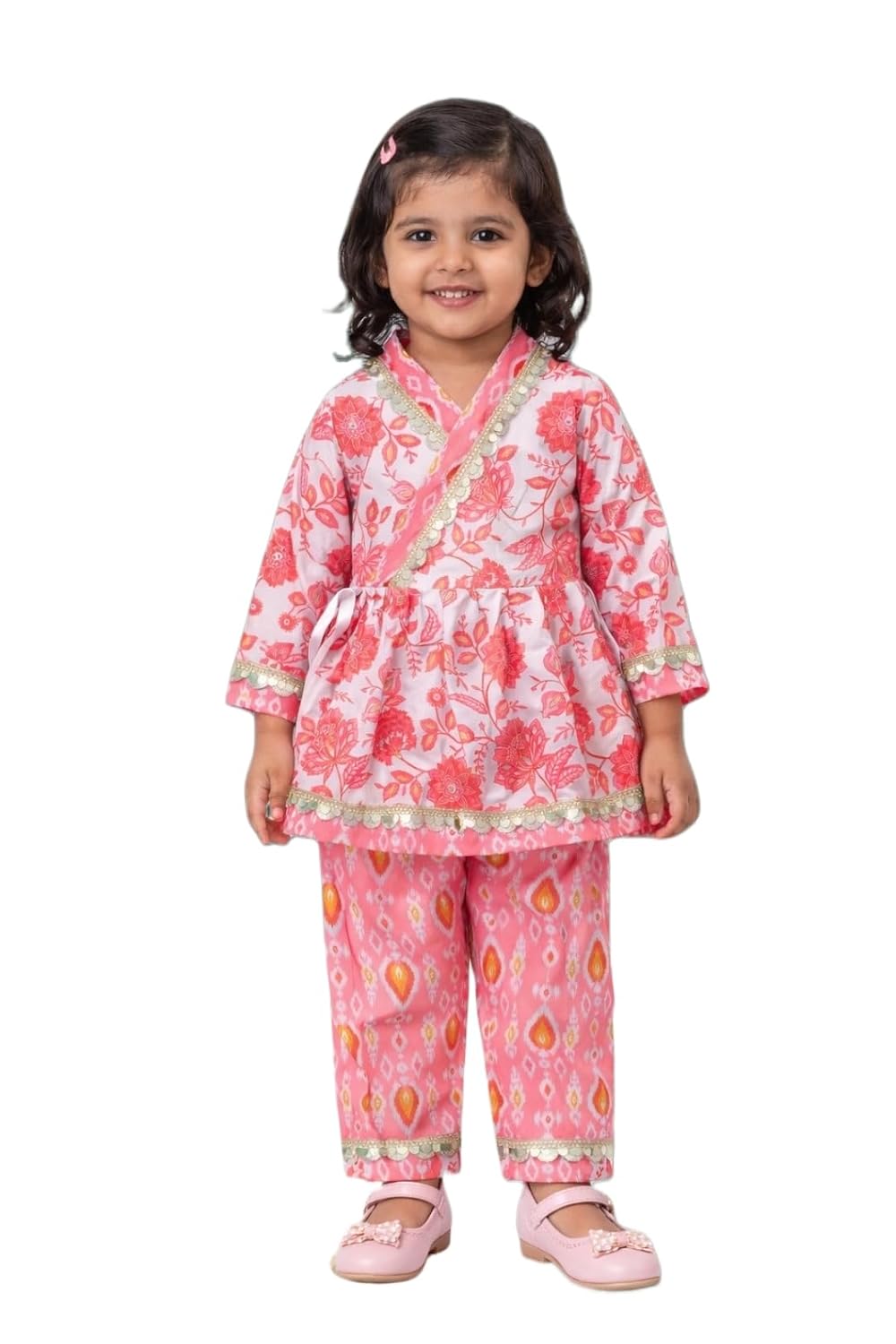 Girls Pink Floral Angrakha Style Kurta Pajama Set with Gold Trim, Traditional Ethnic Wear - Review, Price and Buying Guide
