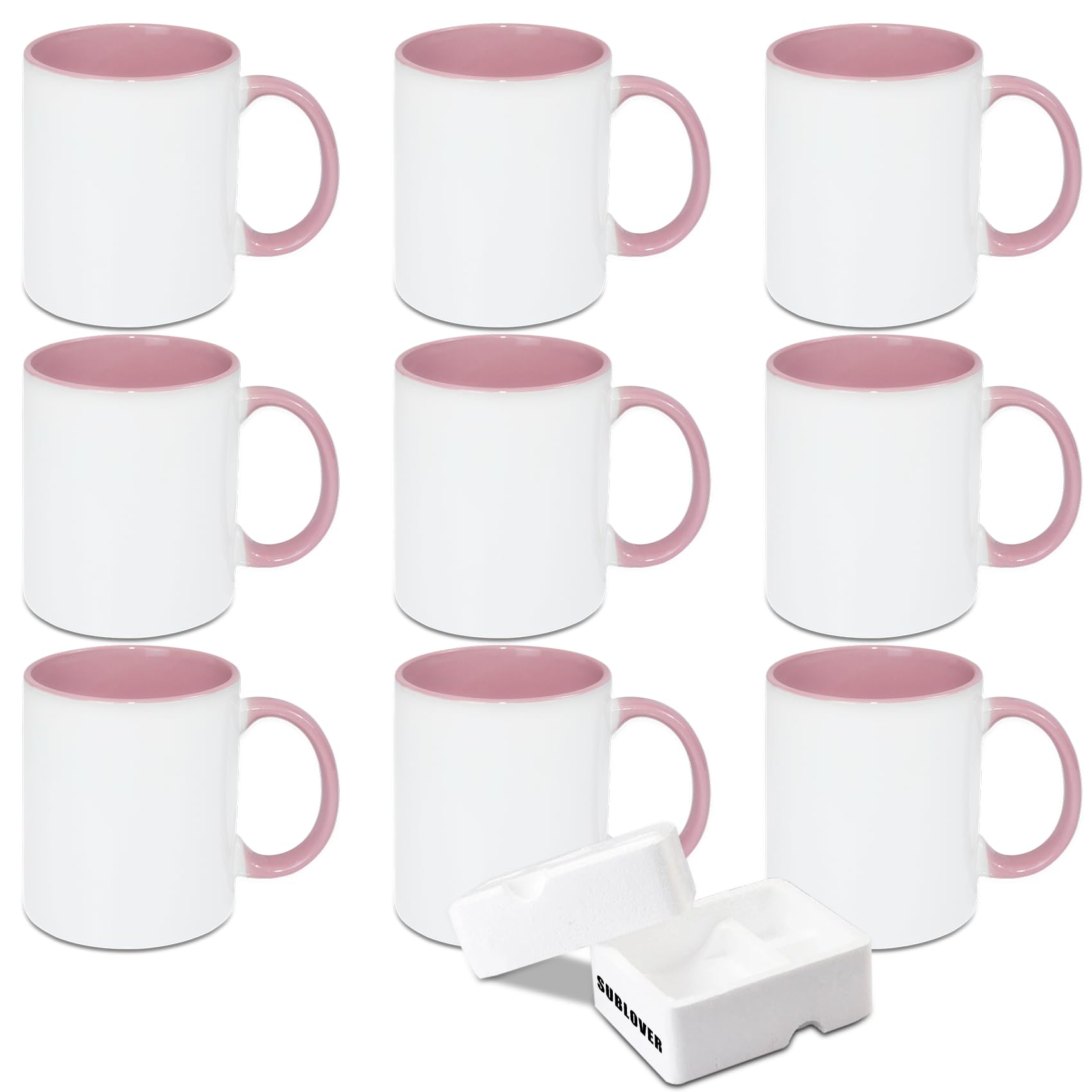 SUBLOVER Set di 9 tazze da caffè in ceramica bianca a sublimazione Tazas Para da 325 ml, tazze per sublimazione per Natale, per macchina da stampa tazza, colore interno e manico (rosa)