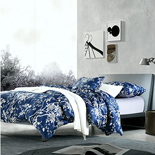 Eastern Floral Chinoiserie Blossom Print Duvet Quilt Cover Navy Blue Tan White Asian Style Botanical Tree Branches Ornamental Drawing 400Tc Egyptian Cotton 3Pc Bedding Set (King) #TOP5