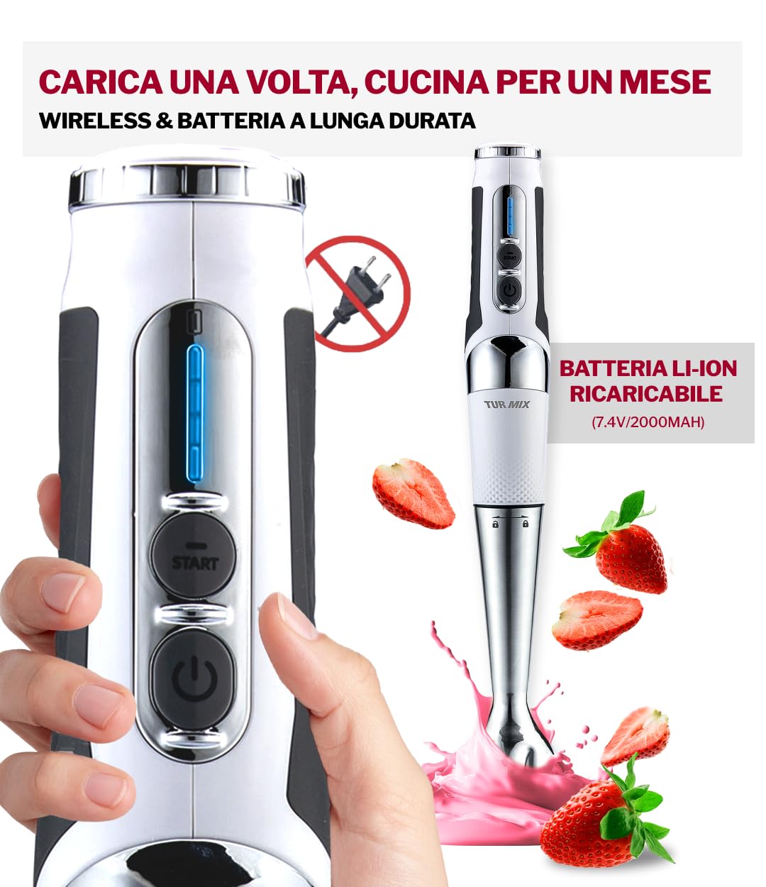 Turmix CX 422 Frullatore a immersione professionale – Frullatore a batteria in acciaio inox 1800W con accessori: tritatutto, frusta, bicchiere e base – Mixer cucina senza fili ricaricabile