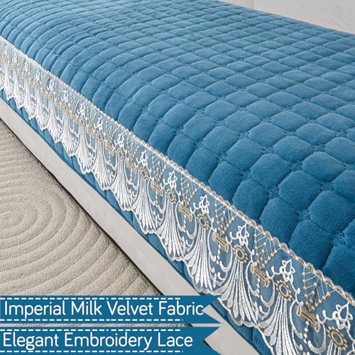 Image of HOKIPO 'BelleLace Series' Imperial Milk Velvet Sofa Cover Mat with Lace Design| Make Your Own Sofa Cover Set, Mat Length 90(D) x 180(L) cm, Celdaon Blue (AR-5967-BL)