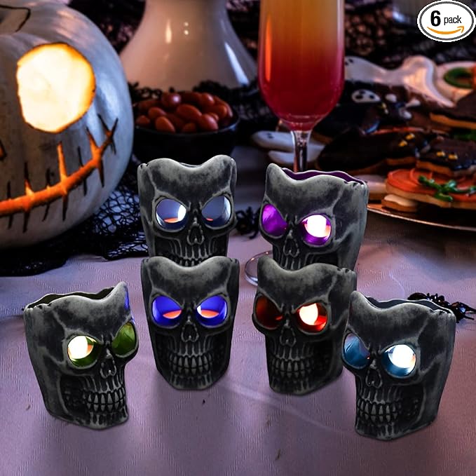Halloween Decorations - Flameless Skull Candles Light - 6Pack Color-Changing Dripless Realistic Flickering Flame LED Candle Decor for Votive, Halloween Decor, Pumkin, Party, Indoor Outdoor
