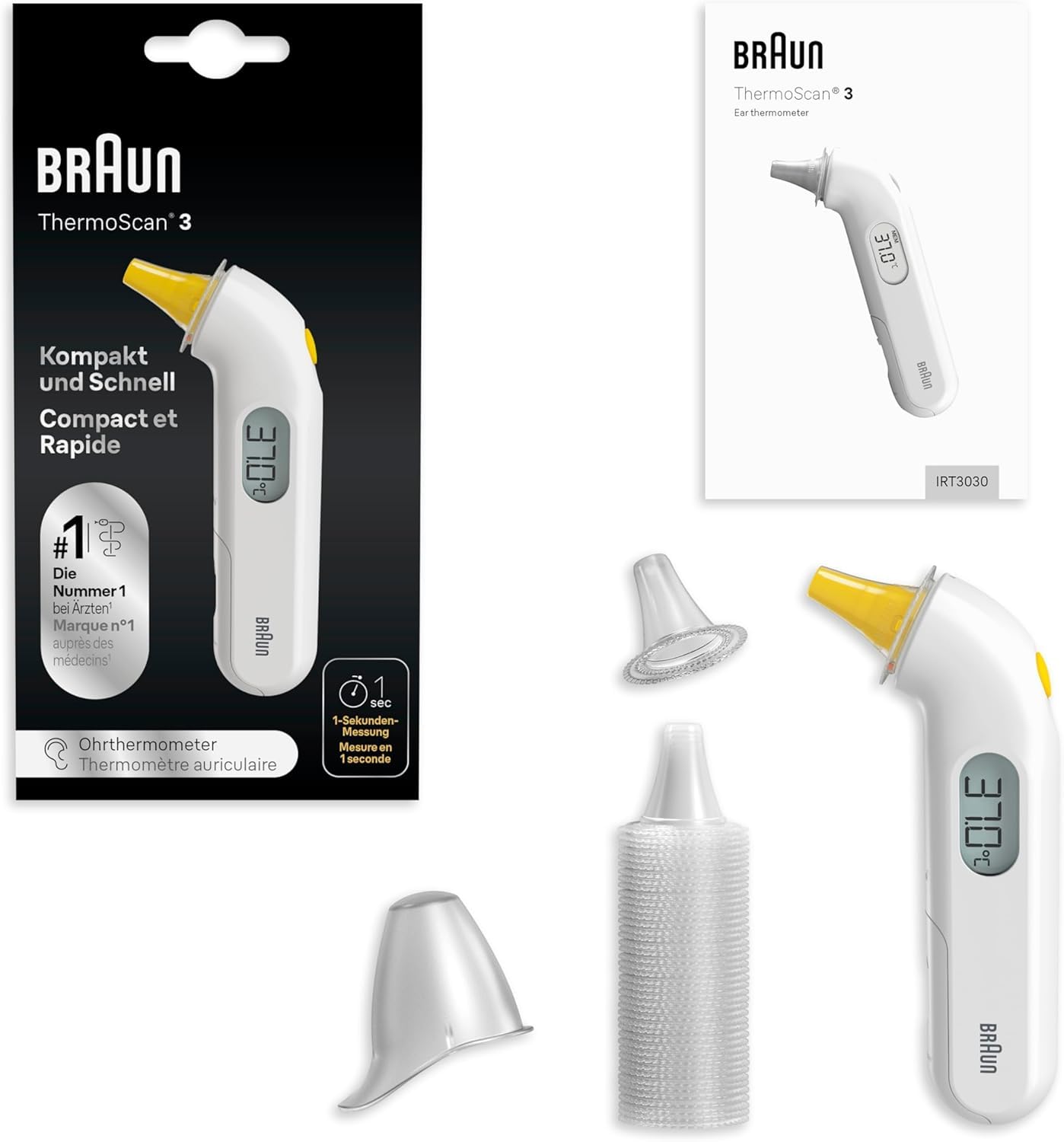 Braun ThermoScan 3 Termómetro de oído, Medición rápida en 1 segundo, Indicador acústico de fiebre, Pantalla digital, Apto para bebés y niños pequeños,La marca #1 entre los médicos(1), IRT3030