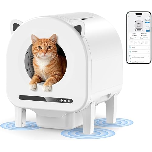 Self Cleaning Litter Box, 68L Large Automatic Cat Litter Box with Smart APP Control, Safety Sensors, Odor Control Robot for Multiple Cats, 2 Roll Trash Bags and Litter Mat (White)