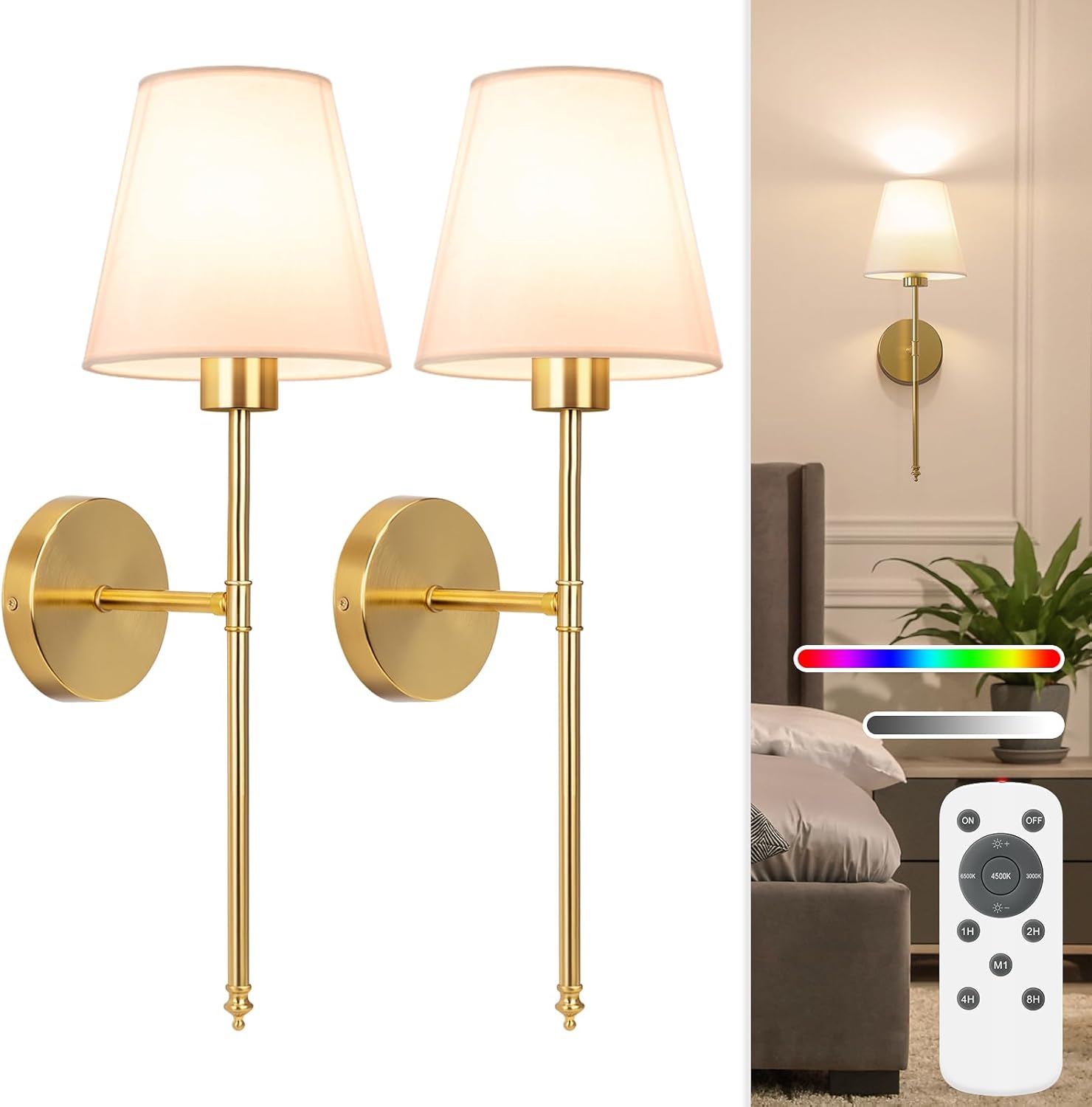 NIORSUN 19.9 inch Battery Operated Wall Sconce Set of 2,Gold Rechargeable Wall Lights with 5200mAh Dimmable Detachable Bulbs and Remote,10 Colors Wireless Sconces for Bedroom Living Room Hallway Gold 19.9 inch