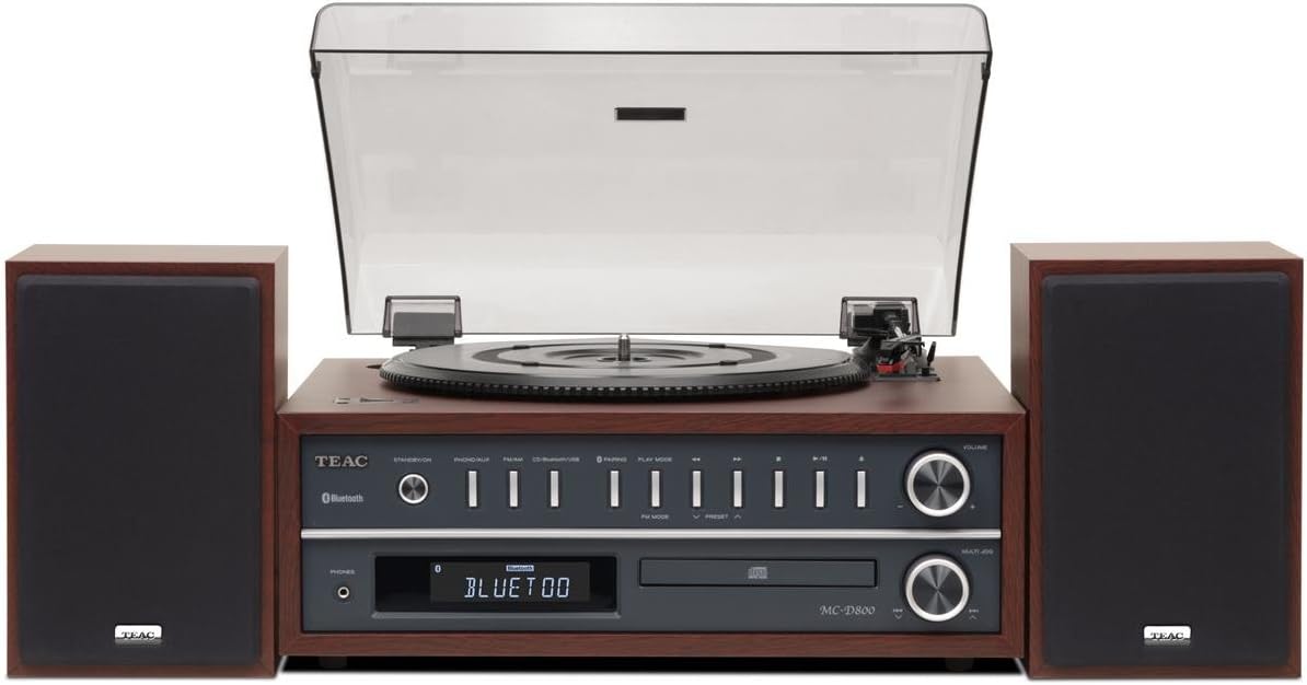 Front view of the Teac MC-D800 All-In-One Turntable Bluetooth Speaker System