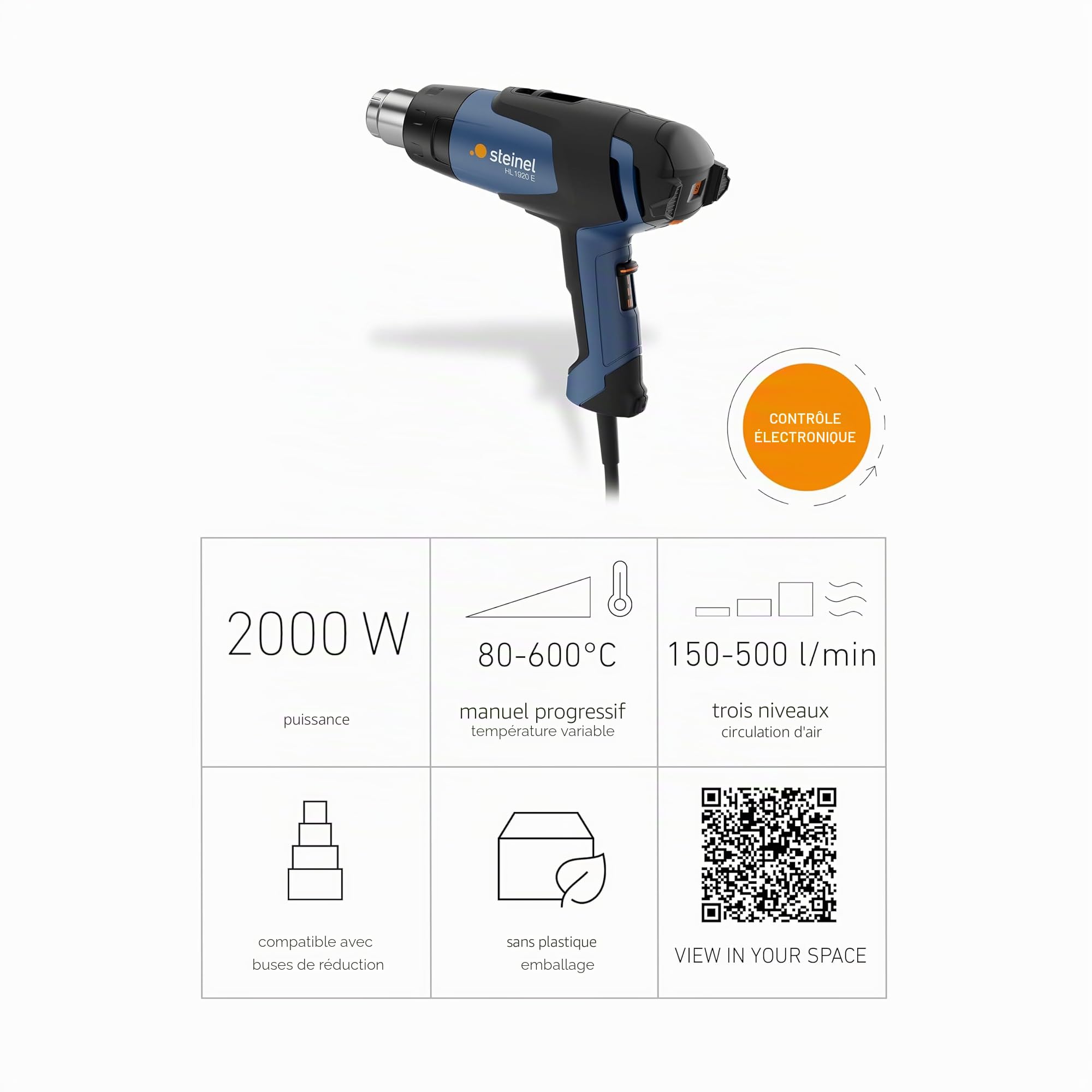Steinel Pistolet à air chaud HL 1920 E, 2000 W, décapeur thermiqu filaire 80°- 600°C, 150 - 500 l/min