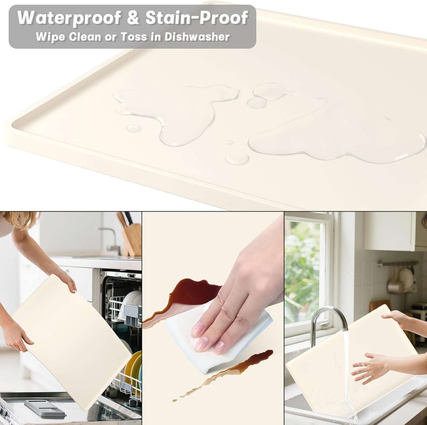 Rnivvi Silicone Coffee Mat,  Waterproof Raised Edge Coffee Bar Mats for Espresso Machine Station Accessories, Heat Resistant Detachable Dish Drying Pad for Kitchen Counter, Dish Rack, Beige