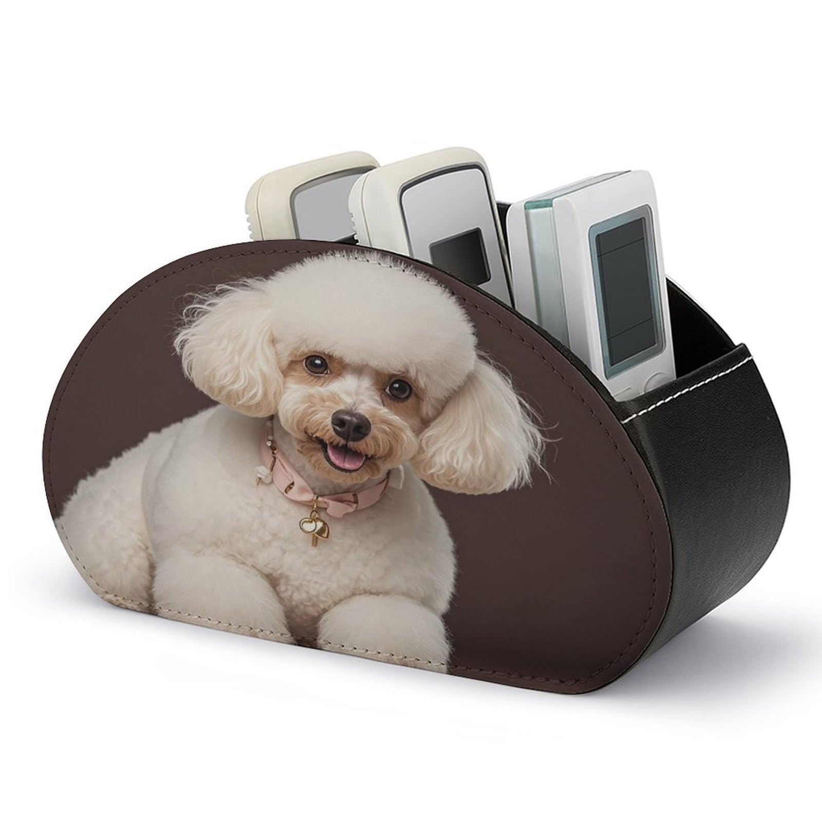 FekiLoot French Poodle TV Remote Control Holder with 5 Compartments Multi-functional Leather Bedside Table Remote Caddy Desktop Storage Box for Store Pen Controller Media Player Cosmetic