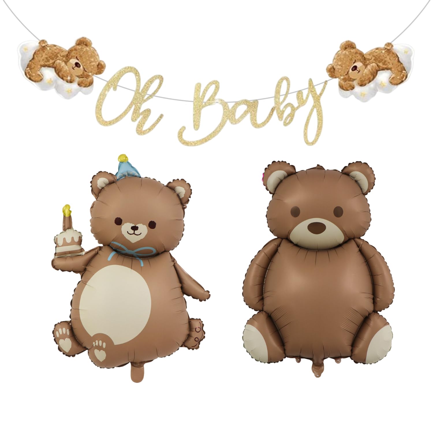 Rnskfg Gold 1 Piece Banner And 2 Piece Balloons, Cute Bear Pulling Flag, Baby Party Banner, Cartoon Cute Balloons, Party Decorations.